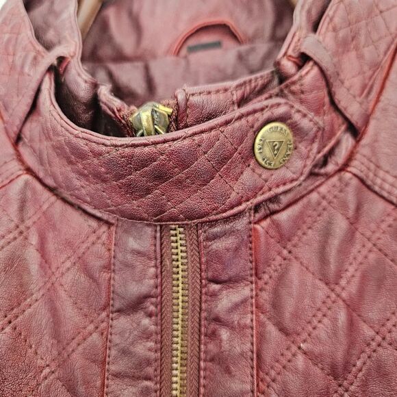 Vintage Guess '90s Burgundy Faux Leather Mandarin Neck Quilted Moto Jacket XL - Picture 5 of 16